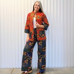 1970's paisley patchwork print PANTS + JACKET SET S